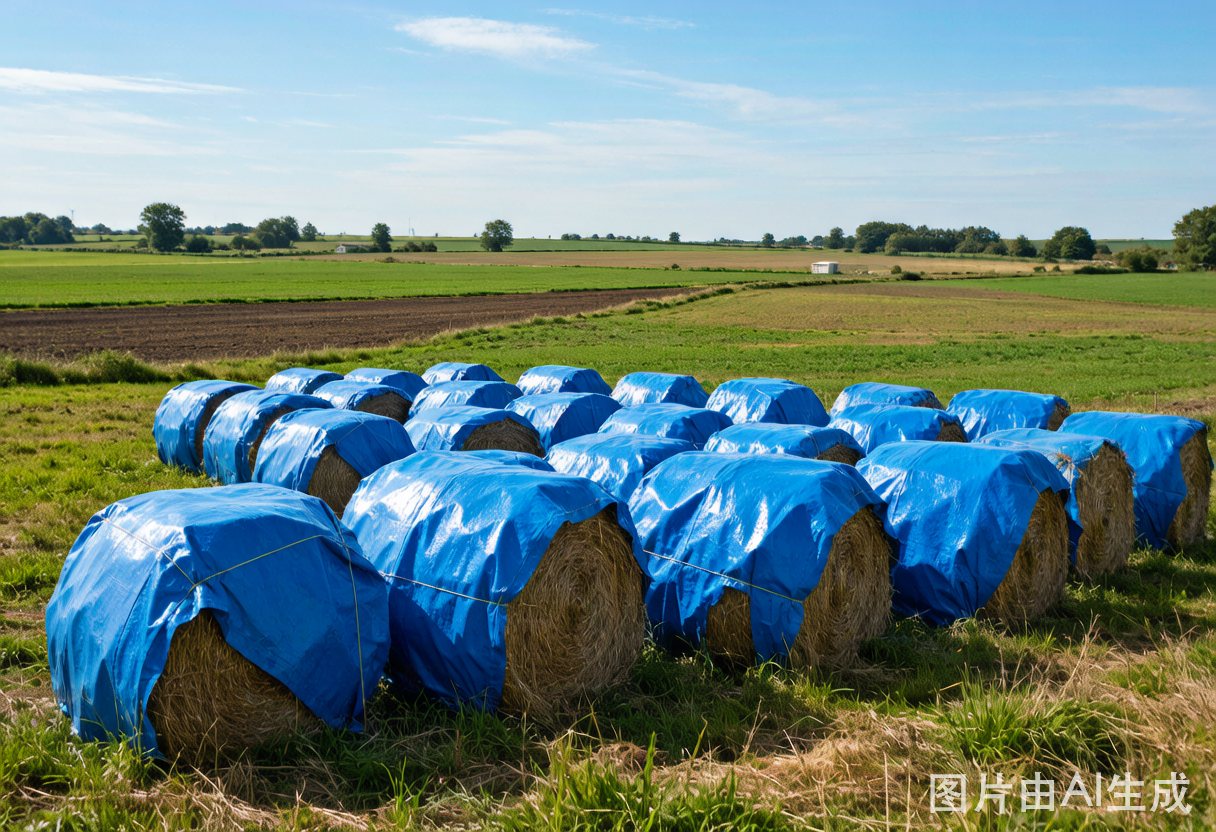 Agricultural tarpaulin covering hay bales